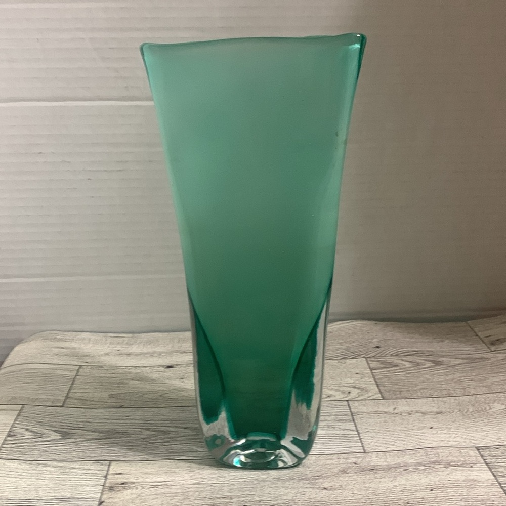 Antique Blenko Handmade Sea Foam Green Triangular 9 inch Vase